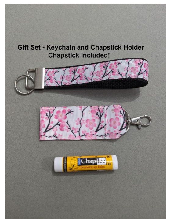 Cherry Blossom Lip Balm Holder and Wristlet Keychain Gift Set