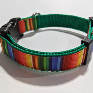 May include: A green dog collar with a colorful striped pattern. The collar has a black plastic buckle.