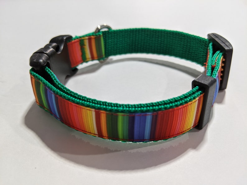 May include: A green dog collar with a colorful striped pattern. The collar has a black plastic buckle.
