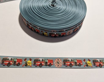 3 Yards of 5/8" Ribbon - Gray with Fire Trucks #10949