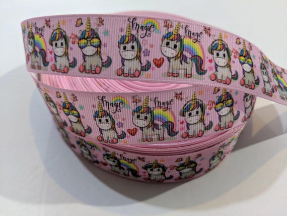 Cartoon Unicorn Ribbon 1 Inch Wide Pink Grosgrain Sew On Trim 3 Yards continuous cut Magic Rainbow Hair Bow Material Birthday Craft Supplies