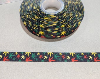 Marijuana Leaf Ribbon - 5/8" Polyester Grosgrain, Decorative Trim (3 Yards)