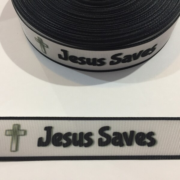 Jesus Saves with Cross Ribbon – 1" Wide for 3 Yards Decorative Faith Trim