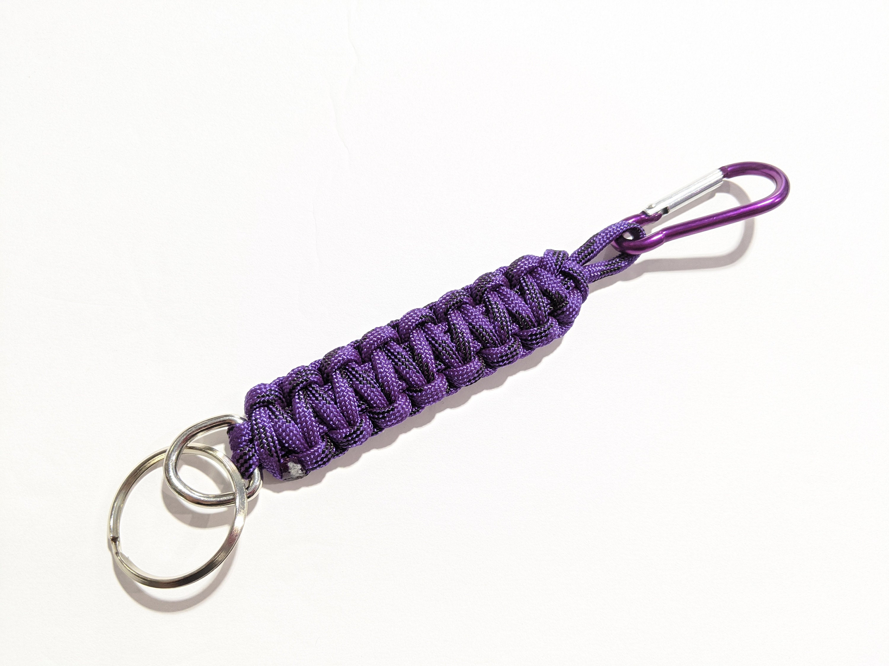 Purple and Black Knotted Paracord Keychain With Carabiner
