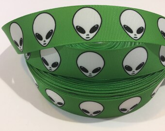 Green Alien Ribbon 1 Inch Grosgrain Sew On Trim 3 Yards Continuous Cut UFO Outer Space Sci Fi Novelty Halloween Hair Bow Craft Supplies