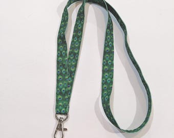 Peacock Feathers ID Lanyard: Double Sided, Grosgrain Ribbon, Breakaway Option, 5/8" Wide