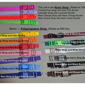 May include: A close-up of 16 different dog collars with various colors and buckles. The top four collars are labeled as "Nylon Strap (Rated at 3000 lbs)" and the remaining 12 collars are labeled as "Polypropylene Strap (Rated at 600 lbs)".