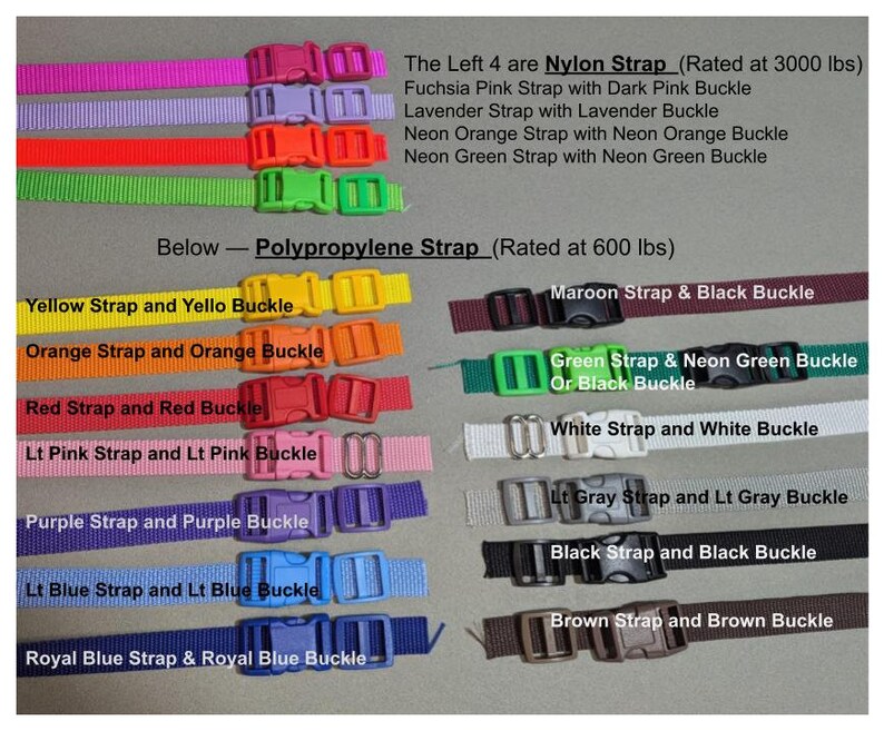 May include: A close-up of 16 different dog collars with various colors and buckles. The top four collars are labeled as "Nylon Strap (Rated at 3000 lbs)" and the remaining 12 collars are labeled as "Polypropylene Strap (Rated at 600 lbs)".