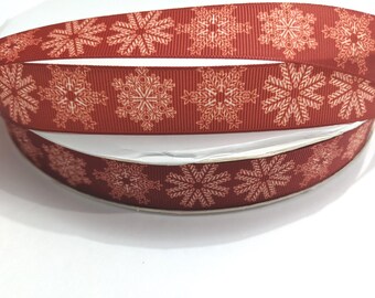 Snowflake Ribbon 7/8 Inch Red Grosgrain Sew On Trim 3 Yards Continuous Cut Winter Christmas Holiday Nordic Hair Bow Craft Supplies