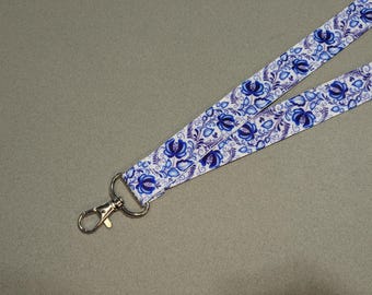 Blue Floral ID Lanyard: Norwegian Flower, Breakaway Safety Lanyard, 1" Wide