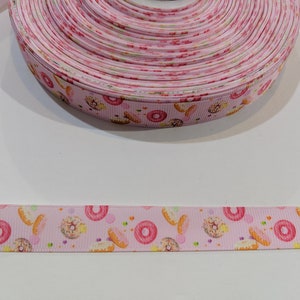 3 Yards of 5/8&quot; Ribbon - Pink with Tasty Donuts #10719 - Decorative Tape, Sew on Trim, Junk Journal Add On