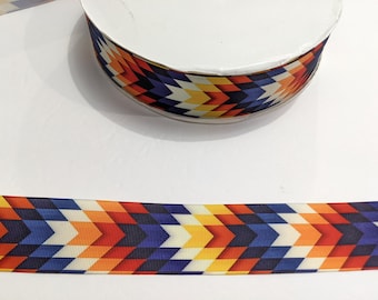 Southwest Aztec Grosgrain Ribbon: Blue Red Orange Design, 2 Yards 1.5"