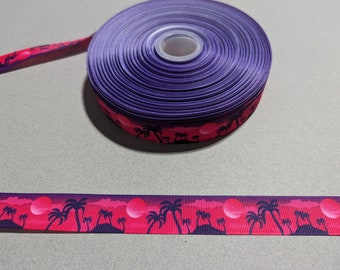 3 Yards of 7/8" Ribbon - Purple and Dark Pink Tropical Sunset with Palm Trees #11430