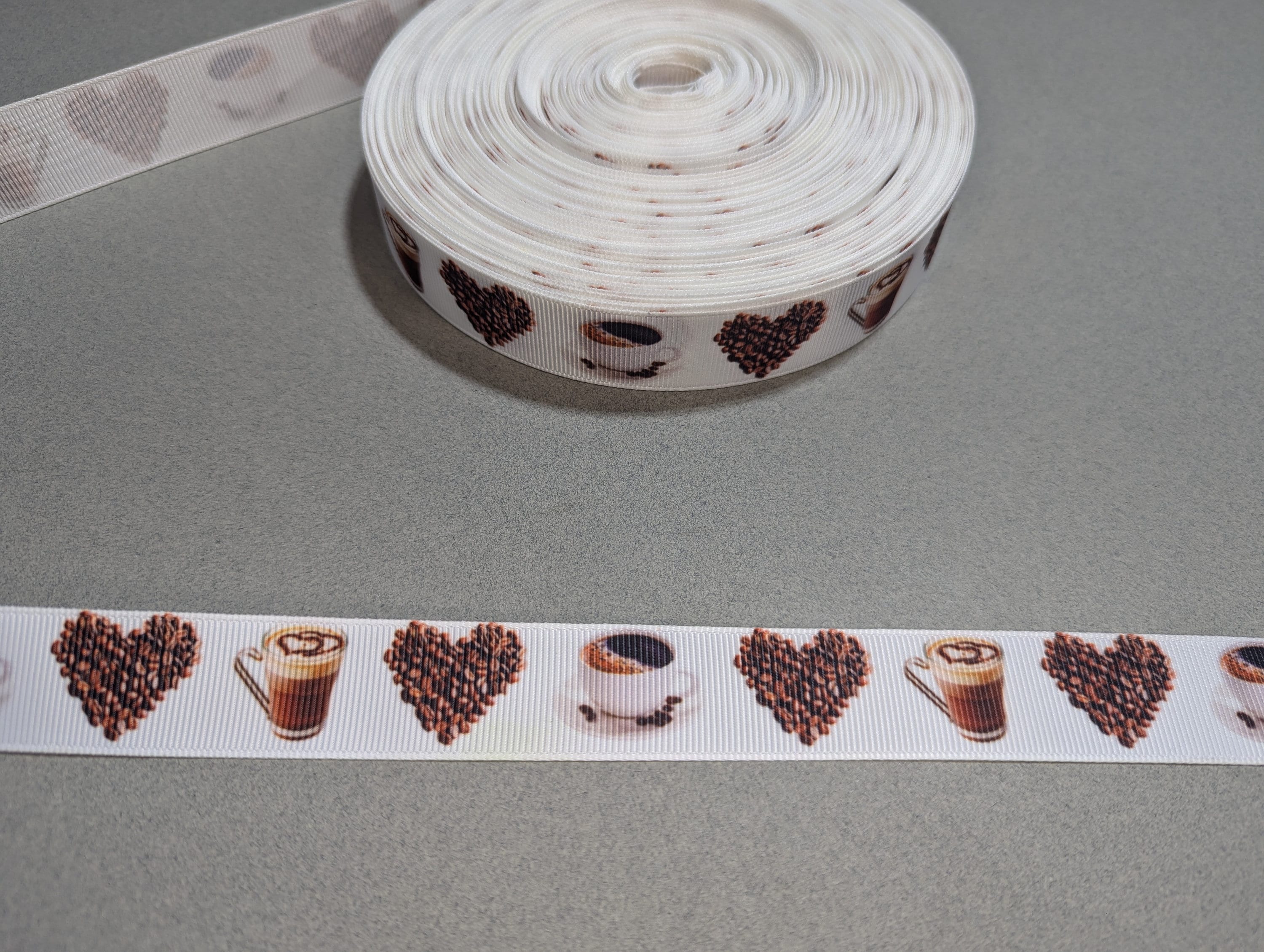 Coffee Dessert Printed Grosgrain Ribbon - White Cafe Treat Design Craft Ribbon Per Yard