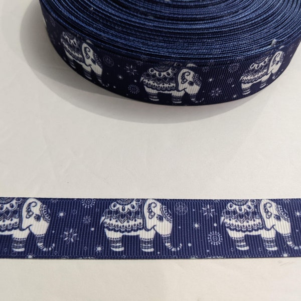 3 Yards of 7/8" Ribbon - Navy Blue with Tribal White Elephants  #11328