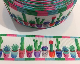 Cactus Grosgrain Ribbon: Colorful Potted Plants, 1.5 Inch, 2 Yards