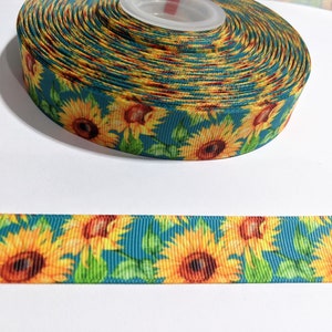 3 Yards of 7/8" Ribbon - Teal with Sunflowers #10650