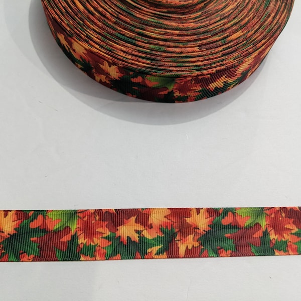 3 Yards of 7/8" Ribbon - Colorful Fall Maple Leaves  #11335