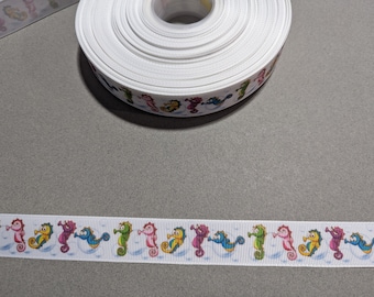 3 Yards of 7/8" Ribbon - White with Colorful Sea Horses #11515