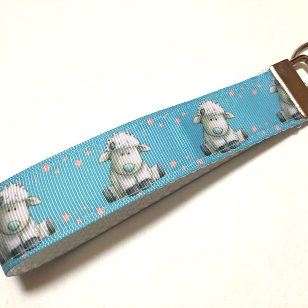 Keychain Blue with the Cutest Sheep or Lamb Key Fob Keychain wristlet 1" Wide