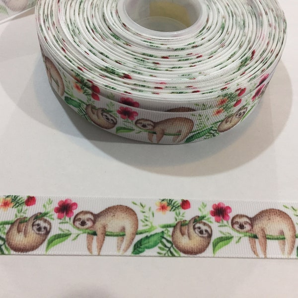 3 Yards of 1" Ribbon - Cute Sloth, Hanging in the Trees #10631