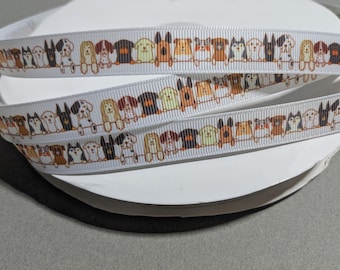Dog Breeds Grosgrain Ribbon 5/8", Cute Puppy Pattern White Decorative Tape, 3 Yards Multi Breed Craft Ribbon for Grooming Bows