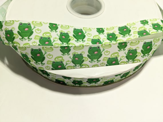 Frog Ribbon Grosgrain 7/8 Inch Wide, Cute Green Frogs Lily Pad Craft Trim by the Yard, Patterned Polyester Ribbon for Hair Bows, 3 Yards