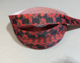 Red Plaid Scottie Ribbon, 7/8 Inch Tartan Checked Grosgrain Trim, Black Scottish Terrier Craft Ribbon, 3 Yards for Winter DIY Decor