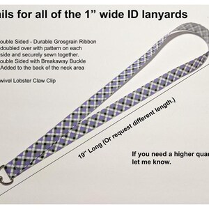 May include: A purple and white plaid lanyard with a swivel lobster claw clip. The lanyard is 19 inches long and has a breakaway buckle. "Or request different length." and "If you need a higher quantity let me know." are written on the white background.