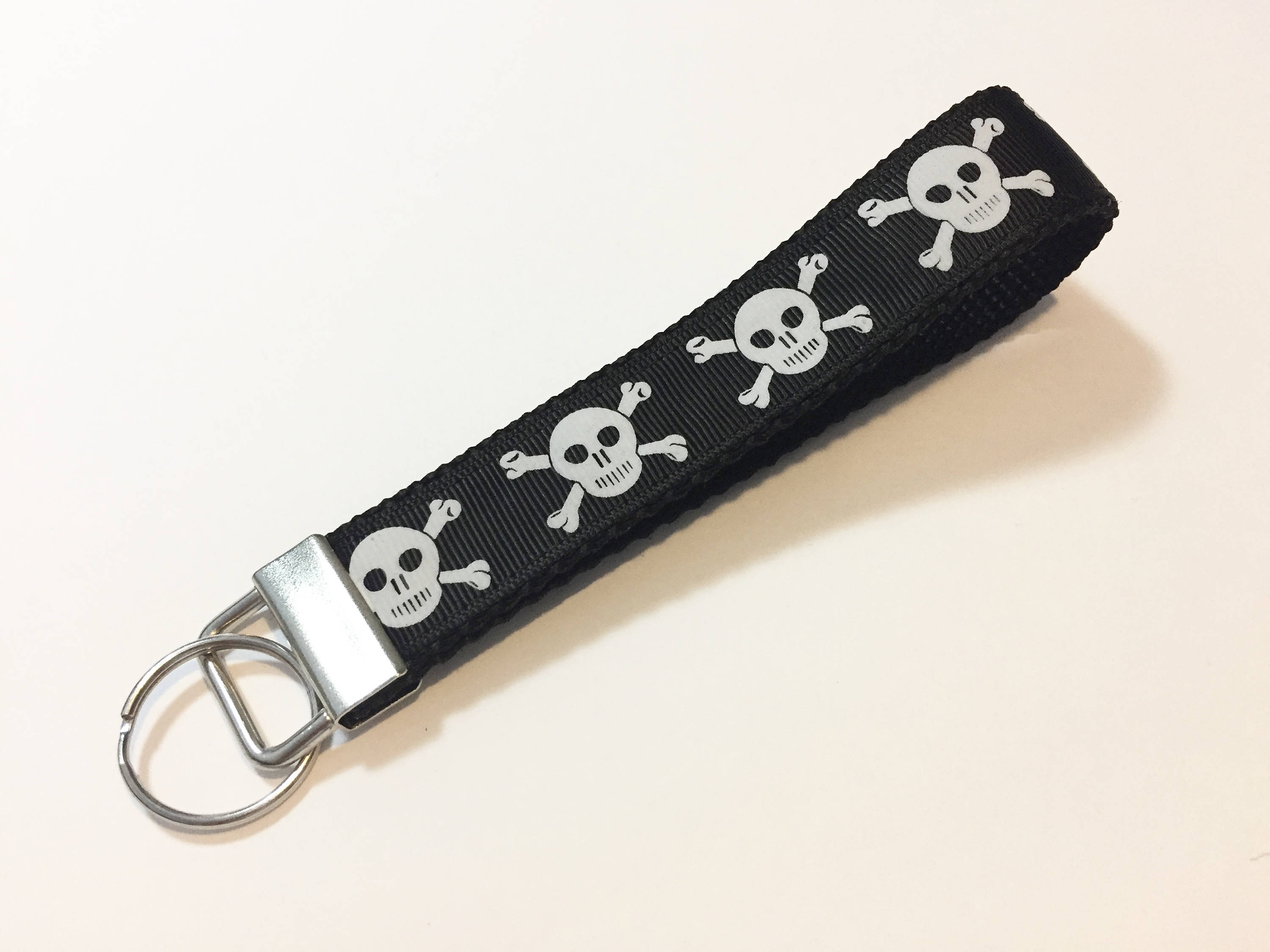 Skulls Key Fob Keychain Handmade Key Wristlet Fabric black white crossbones