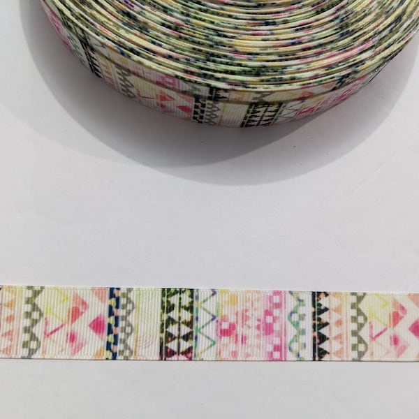 3 Yards of 7/8" Ribbon - Yellow, Pink, Blue Distressed Aztec #11305