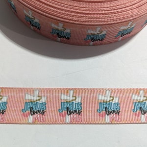 3 Yards of 7/8" Ribbon - Pink Peach with Cross Jesus Loves Me #11207