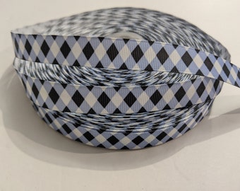 Argyle Ribbon 5/8 Inch Black Blue Grosgrain Sew On Trim 3 Yards Continuous Cut Diamond Harlequin Pattern Hair Bow Craft Supplies