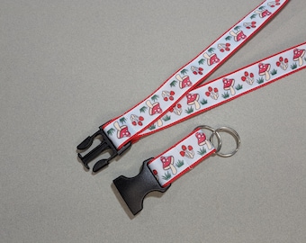 Mushroom Keychain Lanyard: Pale Blue, Detachable Breakaway Buckle Option, (1" Wide)
