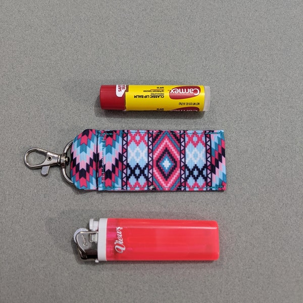 Aztec Lip Balm Holder | Turquoise Pink Lip Balm Pouch | Fun Lighter Case | Lip Balm Keeper | Lighter Pouch Clip On | Small Clip On Pouch