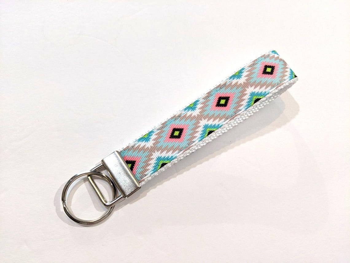 Key Fob Keychain Wristlet in Turquoise Aztec Fabric for Keys 