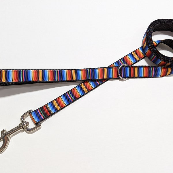 Dog Leash Blue, Orange, and Red Serape Stripes Handmade 3/4" Wide, 3, 4, 5, 6, 7, or 8 Foot Long Pet Leash