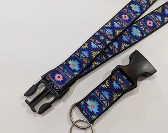Aztec Keychain Lanyard: Blue Pink Detachable Breakaway, 22 Inch Long, (1" Wide)