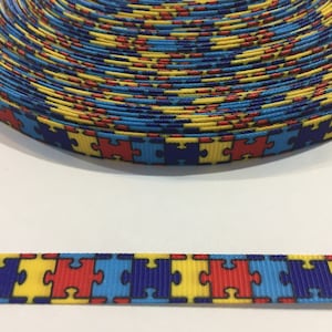 Autism Awareness Ribbon: Puzzle Piece Grosgrain, 3/8 Inch, 3 Yards