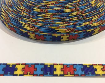 Autism Awareness Ribbon: Puzzle Piece Grosgrain, 3/8 Inch, 3 Yards
