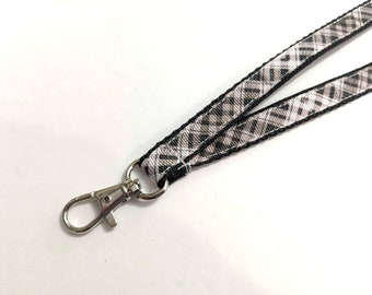 ID Lanyard Black and White Plaid 1/2" Wide Lanyard with a Lobster Claw ID Clip