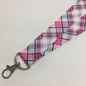 Pink Plaid ID Lanyard: Grosgrain Ribbon Badge Holder, Double Sided Breakaway Option, (1&quot; Wide)