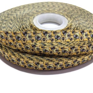 May include: A roll of decorative ribbon with a repeating pattern of yellow honeycombs and black bees. The ribbon is a light yellow colour with a white spool centre. The ribbon is likely used for crafts, gift wrapping, or other decorative purposes.