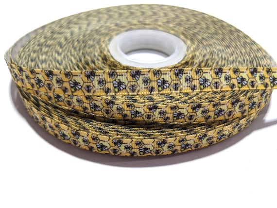 Bee Ribbon Grosgrain 3/8 Inch Wide, Cute Honeycomb & Bumble Bee Craft Trim, Yellow Polyester Ribbon for Hair Bows, 3 Yards