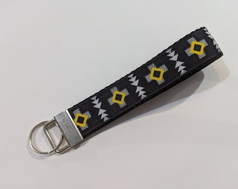 Keychain Black White and Gold Aztec Key Fob Keychain wristlet 1" Wide