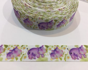 3 Yards of 1" Ribbon - Purple Hippos #10360