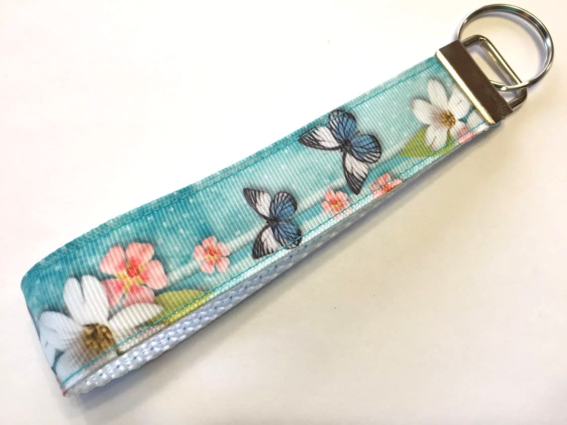 Butterfly Keychain Wristlet: Blue Fabric Key Fob, New Driver Gift, (1 ...