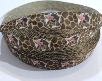 Giraffe Grosgrain Ribbon, 5/8" African Animal Print, 3 Yards Safari Pattern with Pink Bows, Cute Zoo Themed Craft & Bow Supply