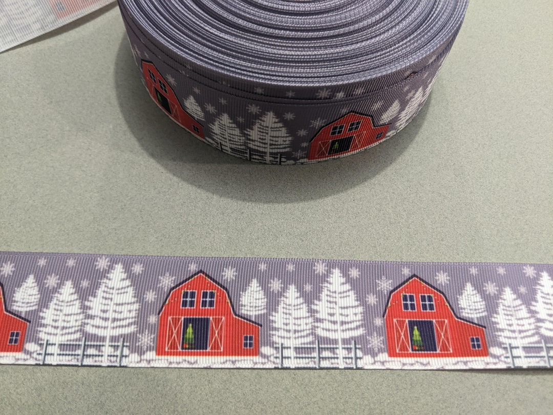 Barn Ribbon Winter Barn Grosgrain Ribbon: Grey With Red Barns, White Trees - (1.5 ...