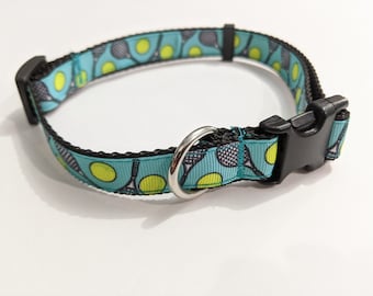 Teal Dog Collar: Tennis Ball & Racket Print, Handmade, Adjustable, (3/4" Wide)